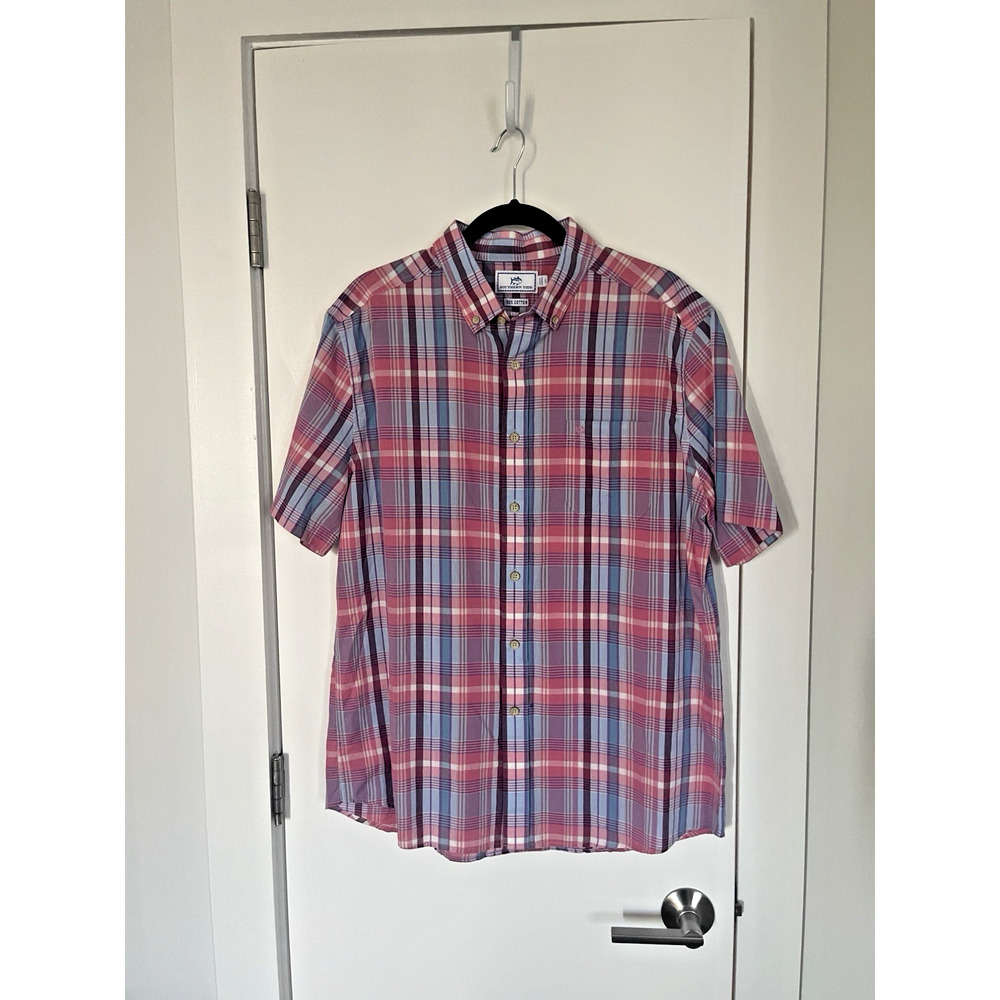 Southern Tide Men's L 100% Cotton Pink Blue Plaid Short Sleeve Button Up Shirt